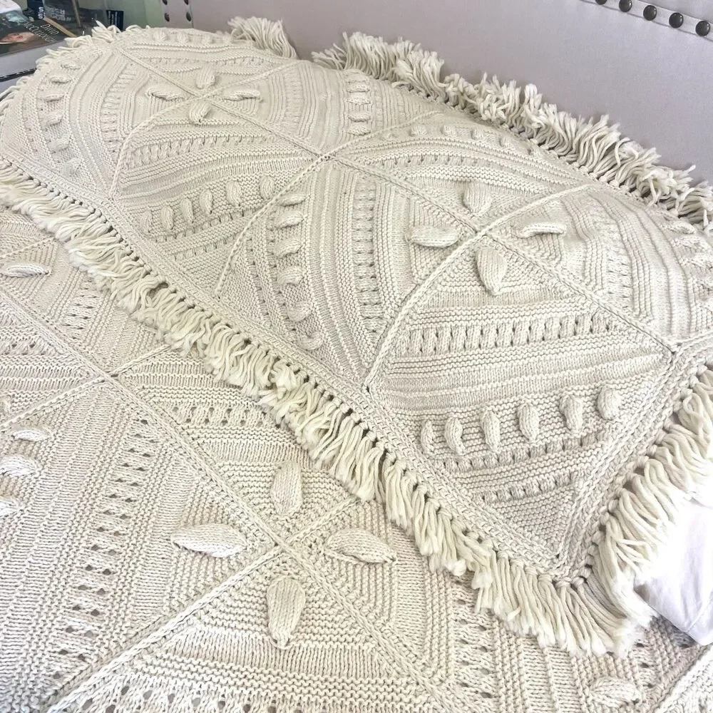 Vintage 1970s Hand Knit Queen Bedspread Blanket Set Ivory Boho Cottage Grandma